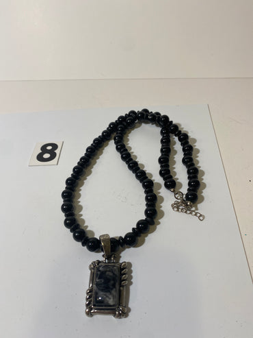 Black Bead Necklace W/ Pendant